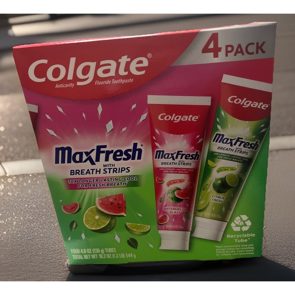 New Colgate 4 Pk Max Fresh Breath Strip Toothpaste Watermelon Blast Citrus 4.8oz